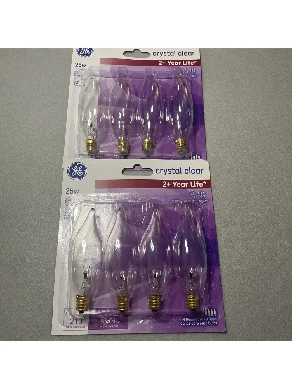 GE 25W Crystal Clear Candelabra Base Light Bulbs CA Type 210 Lumens - 2x4 Pack’s